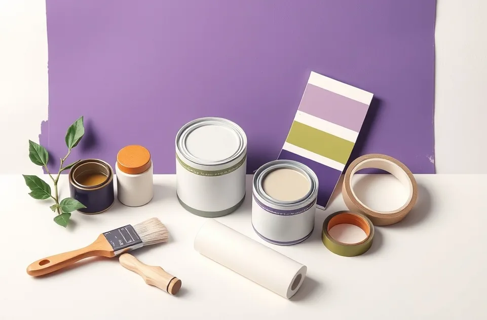 Pots de peinture, nuancier, brosses et rouleaux disposés à plat