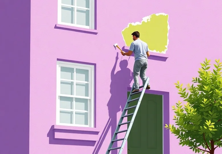 Peintre sur échafaudage traitant la façade d'une maison