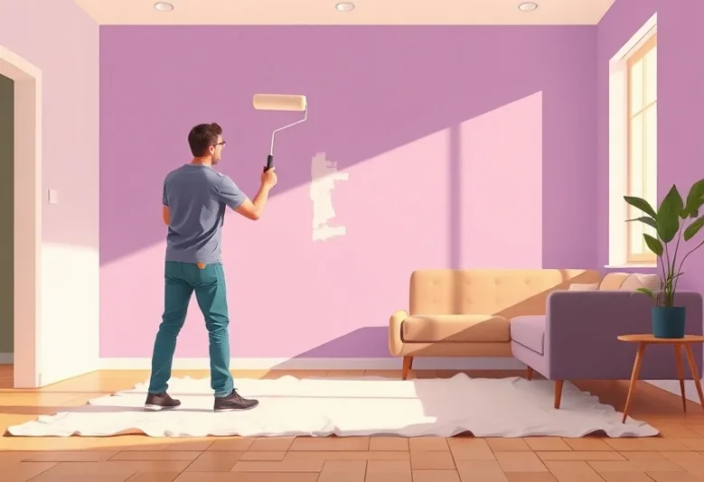 Peintre appliquant la peinture au rouleau sur un mur de salon